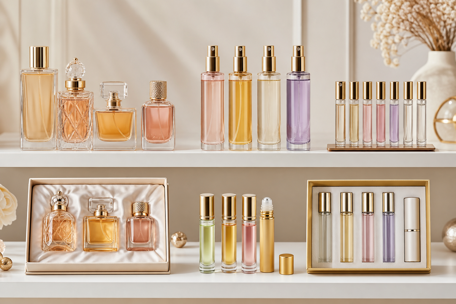 Blank perfume bottles, labels, boxes, and packaging samples for private label development
