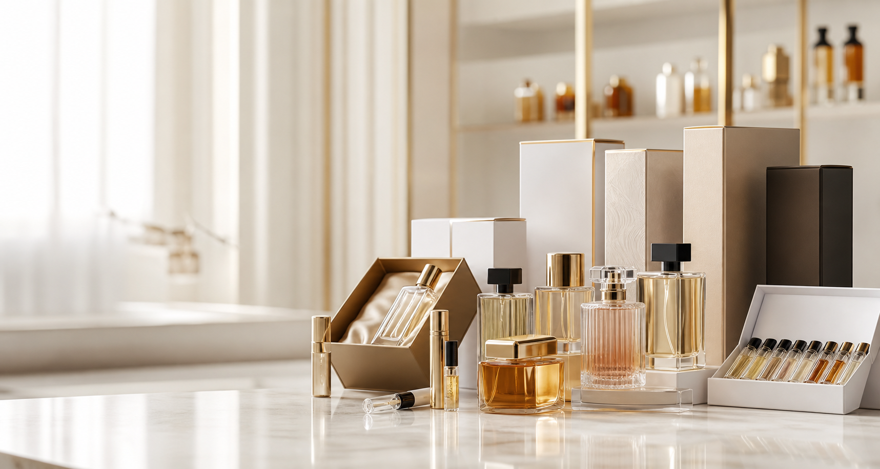 Assorted perfume bottles, gift sets, mini perfumes, and body mist products