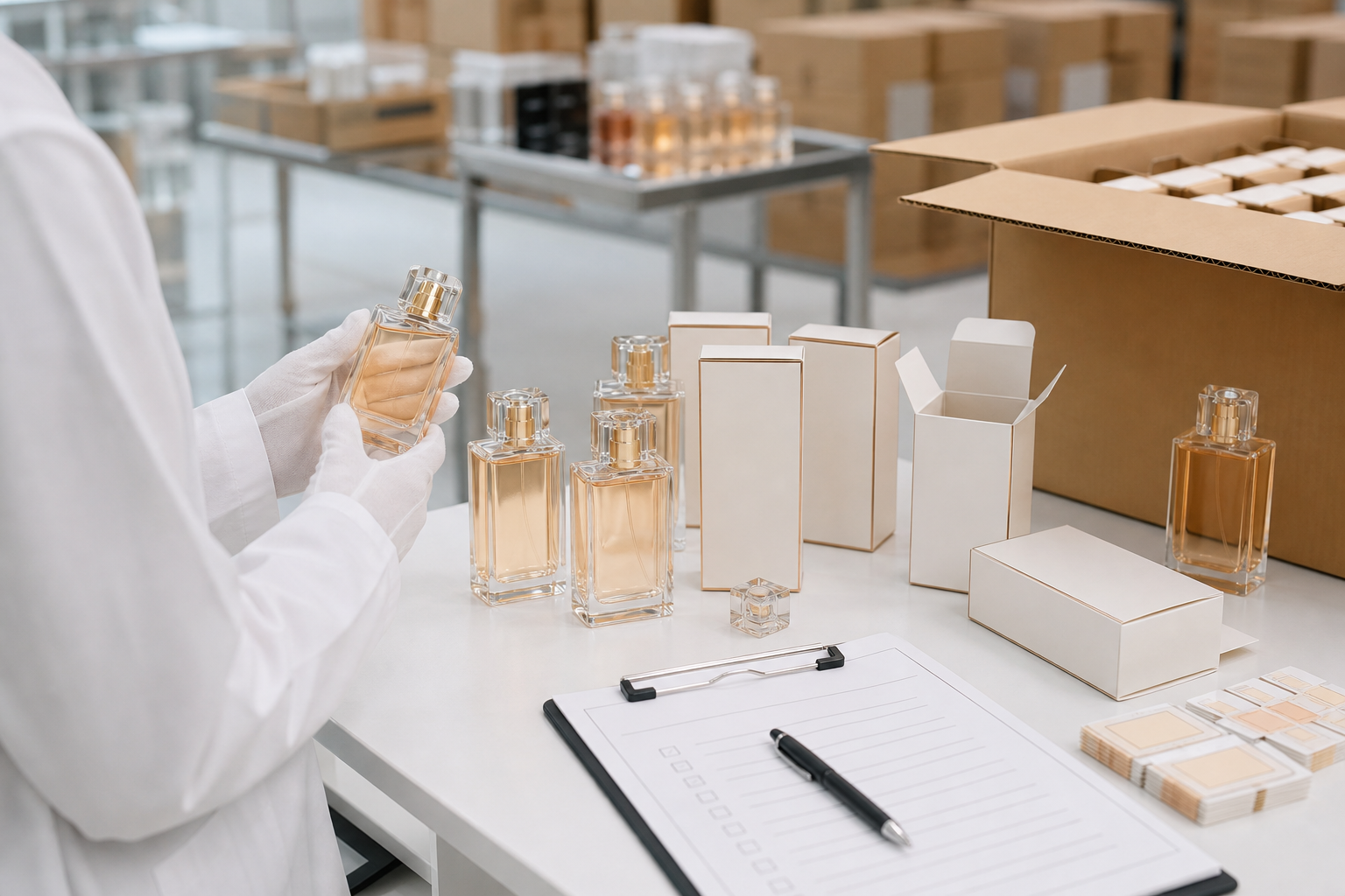 Perfume quality inspection table with bottles, cartons, labels, and checklist
